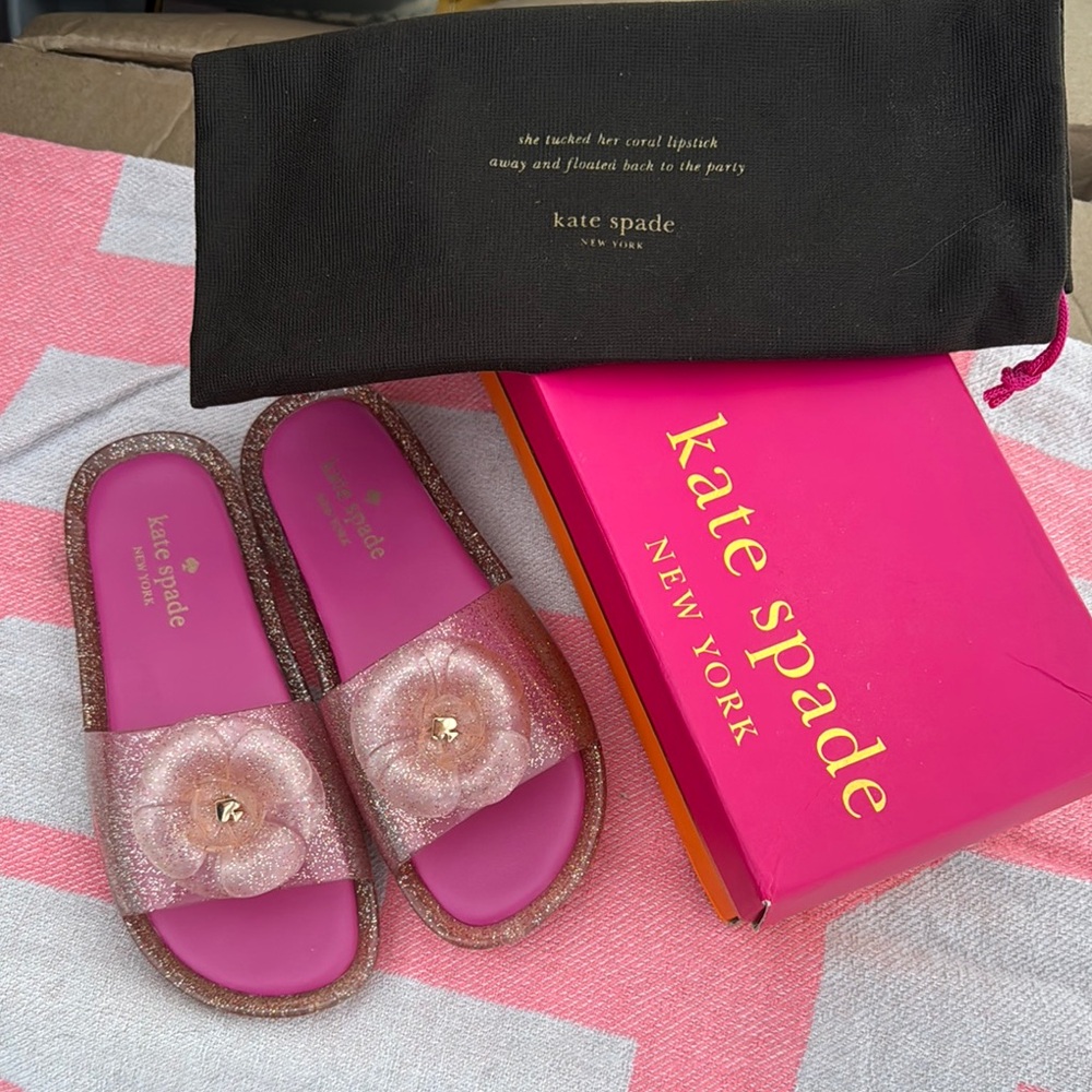 NEW Kate Spade Glitter Flower Slides + Box & Dust Bag (Size [6])